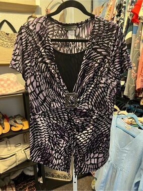 Brittany Black Purple and Black Printed V-Neck Top with Decorative Buckle